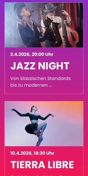 Rasternasicht des Eventkalenders mit Bild und Kategorisierung im Darkmode - mobile Ansicht