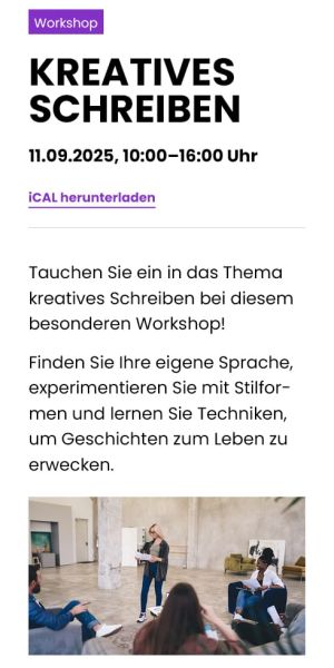 Darstellung eines Events im online-Eventkalender inkl. Downloadmöglichkeit als iCAL Termin